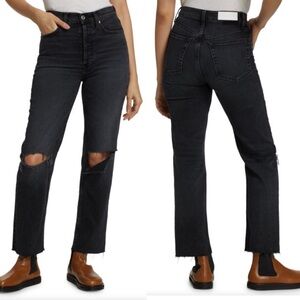 Re/Done Originals 70s Stove Pipe Straight Jeans Faded Coal With Rips Distressed